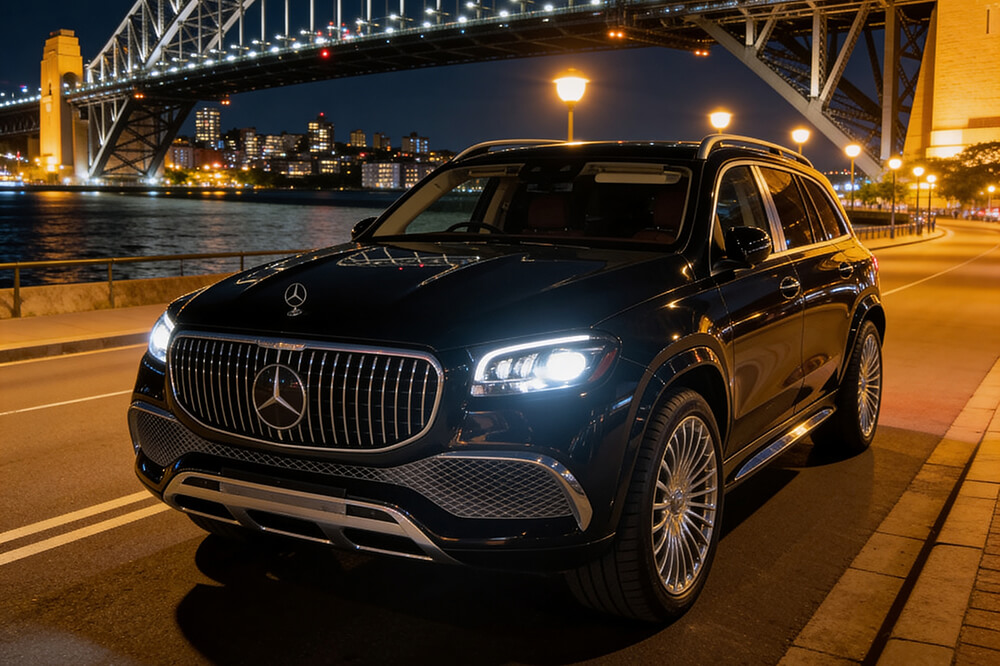 Black Mercedes-Benz SUV parked on a waterfront road at night, with the illuminated bridge in the background and headlights on.