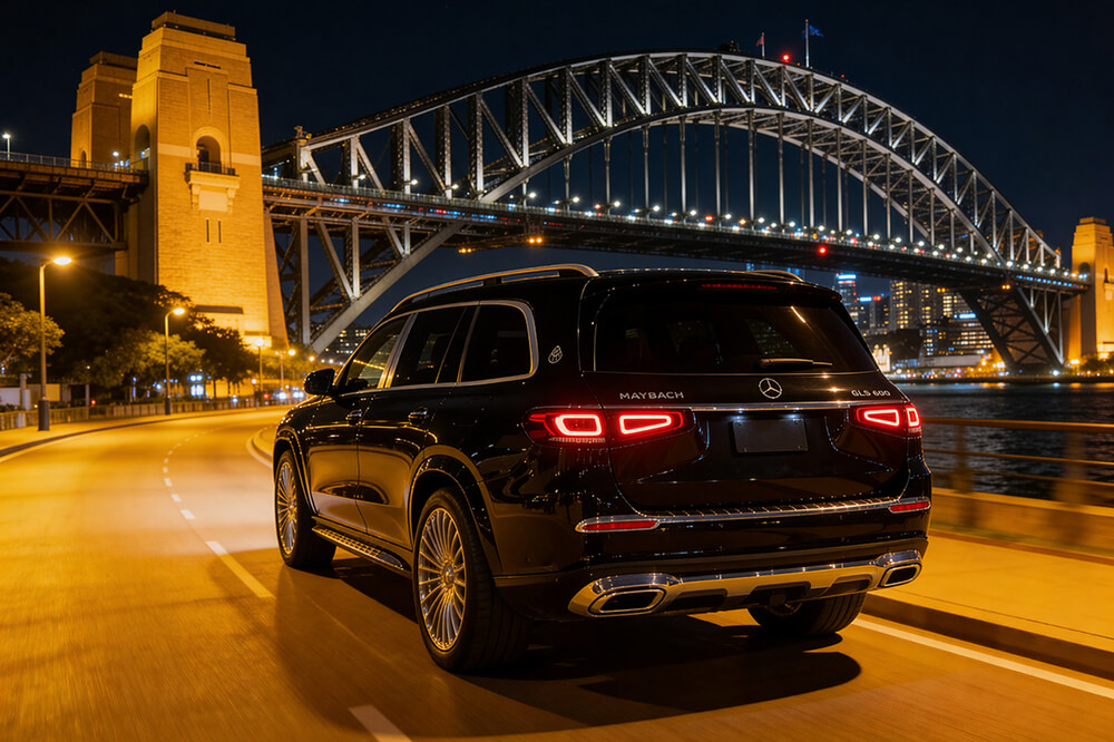 Black Mercedes-Maybach GLS 600 SUV driving along a waterfront road at night with a lit bridge in the background
