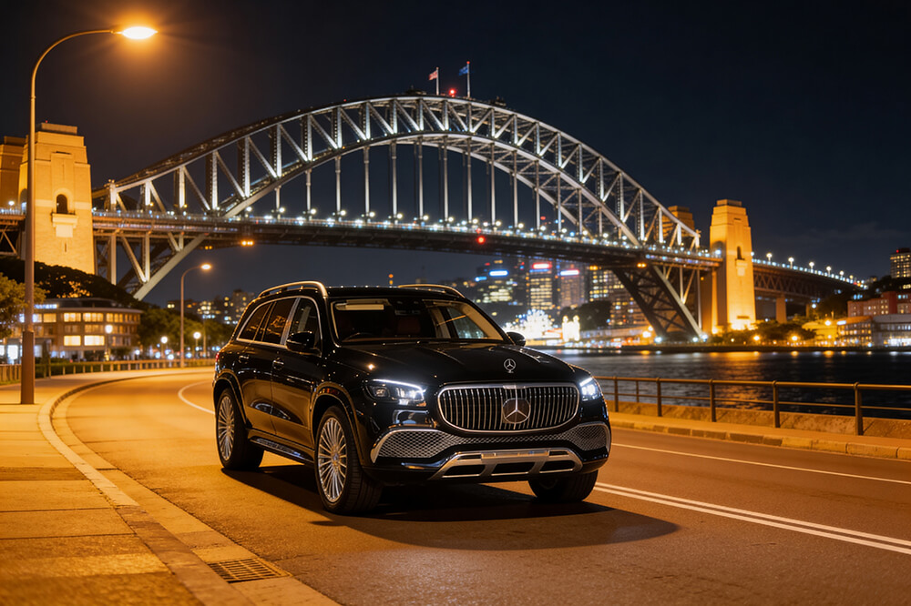 Black Mercedes SUV on a city street at night with a lit arch bridge in the background, water nearby.